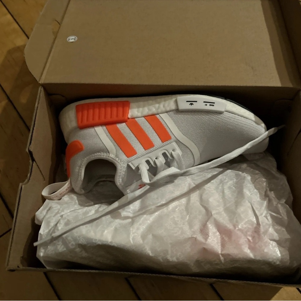 Adidas Original NMD cloud white and solar orange size 6. New in box.
